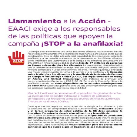 STOP ANAFILAXIA Llamamiento a la Acción 2012 2013 EAACI