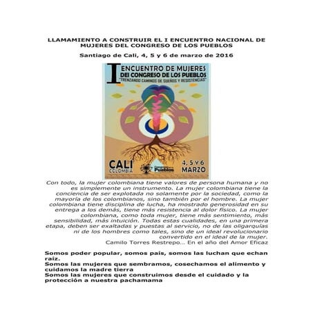 LLAMAMIENTO A CONSTRUIR EL I ENCUENTRO NACIONAL DE MUJERES DEL CONGRESO DE LO...