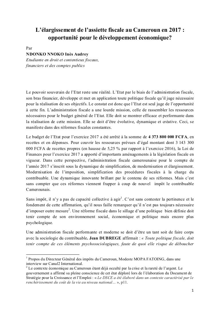 Lélargissement De Lassiette Fiscale Au Cameroun En 2017 - 