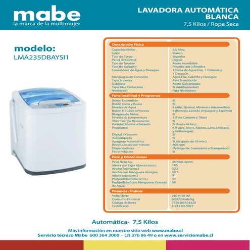 lavadora mabe LMA235DBAYSI1 | PDF
