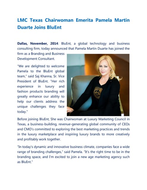 LMC Texas Chairwoman Emerita Pamela Martin Duarte Joins BluEnt | PDF