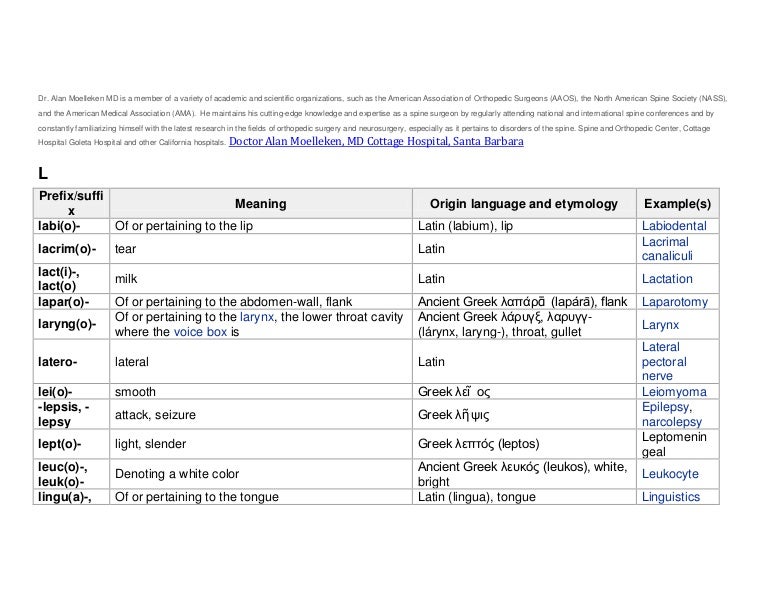 L medical prefixes and suffixes alan moelleken md