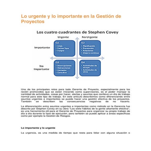 Lo urgente y lo importante en la Dirección de Proyectos 