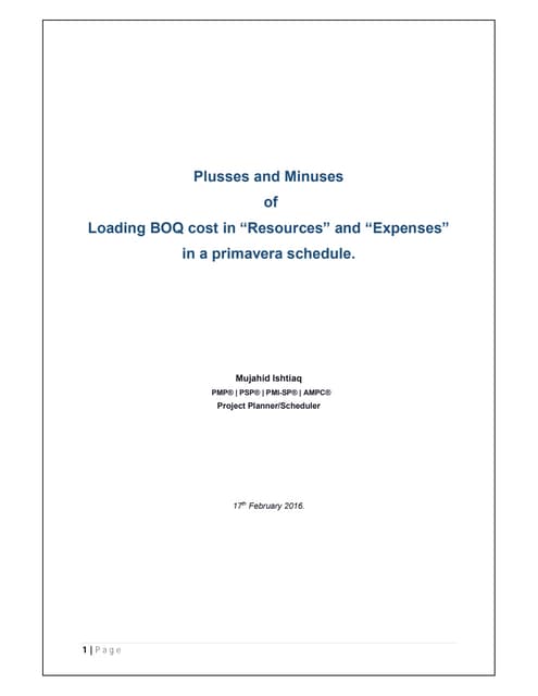 Loading cost in primavera schedule using resources and expenses r01