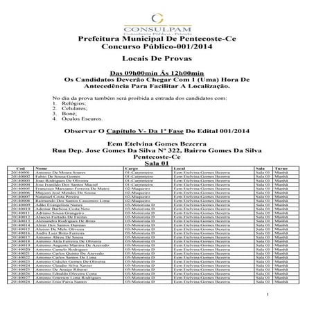 Concurso de Pentecoste Locais de provas manhã nível fundamental e médio das09...