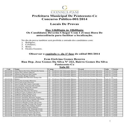 Concurso de Pentecoste: Locais de provas tarde nível superior das 14 às 18