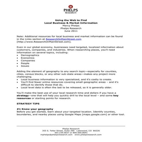 Using the Web to Find Local Business & Market Information  handout