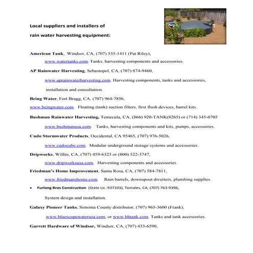 California;  Santa Rosa Local Suppliers and Installers Of Rain Water Harvesting Equipment  