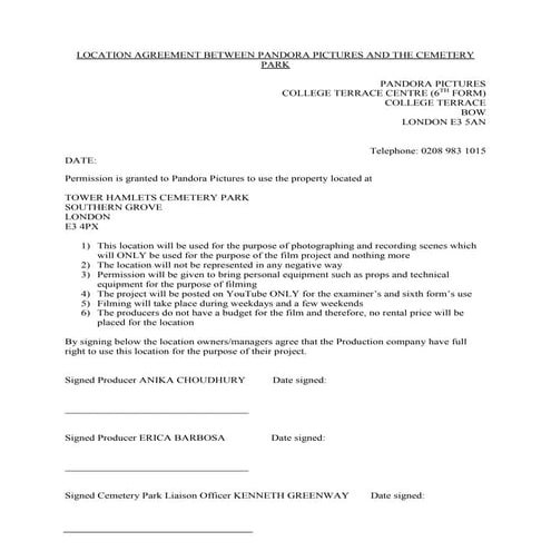 Location agreement between Pandora Pictures and The Cemetery Park