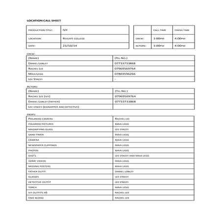 Location call sheet
