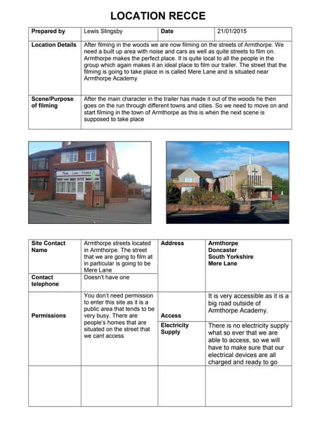 Location recce template 2 | DOCX | Photography | Arts and Crafts
