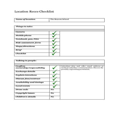 Location Recce Checklist