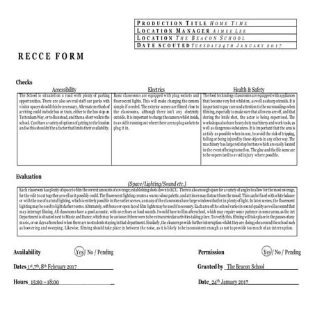 Location Recce Sheet