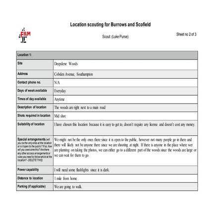 Location recce template | DOCX