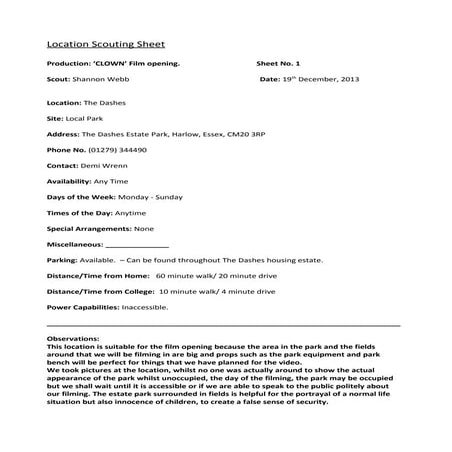 Location scouting sheet 3 | DOCX