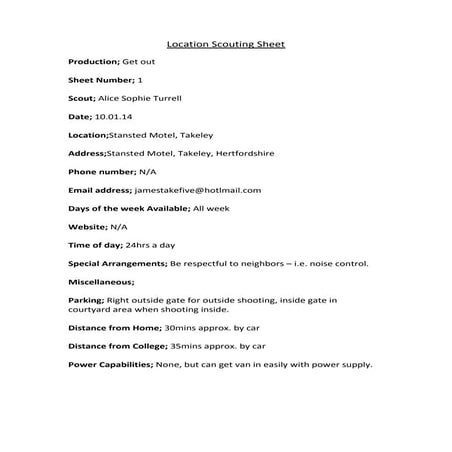 Location Scouting Sheets