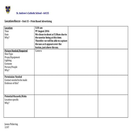 Production Plan/Photoshoot Plan/Location Recce | DOCX