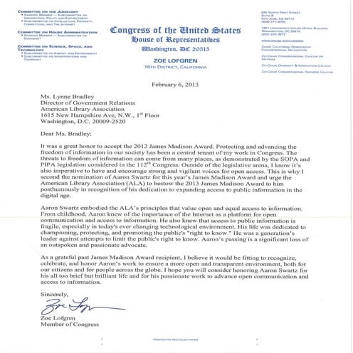 Zoe Lofgren letter to ALA nominating Aaron Swartz for the Madison award