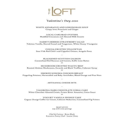 Loft Valentines Menu 2010