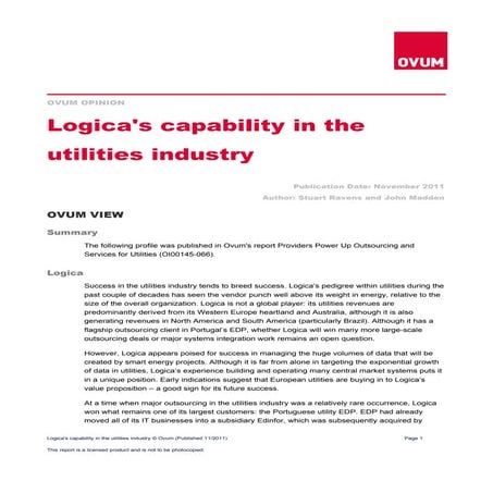 Ovum opinion of Logica’s capabilities in utilities industry