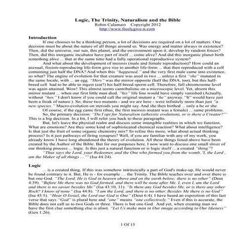 Logic The Trinity, Naturalism and The Bible, Robin Calamaio