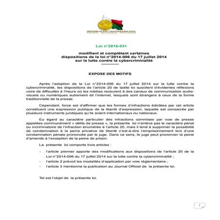 Loi n°2016-031 modifiant et completant certaines dispositions de la loi 2014-...