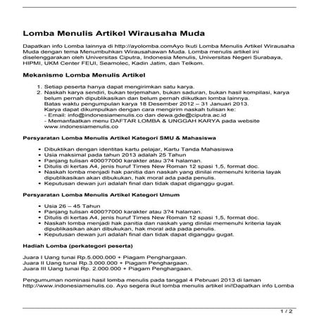 Lomba Menulis Artikel Wirausaha Muda