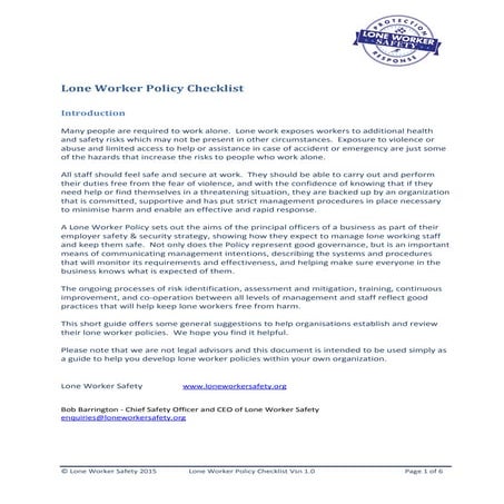 Lone Worker Safety - Lone Worker Policy Checklist 1.0
