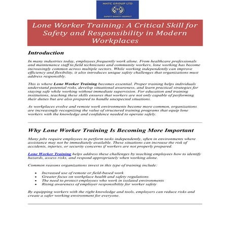 Lone Working Training Courses/Awareness and Safety Guidance for lone ...