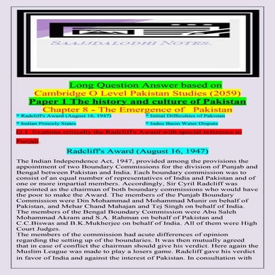 Long Question Answer based onCambridge O Level Pakistan Studies (2059).chapte...
