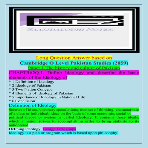 Long Question Answer based onCambridge O Level Pakistan Studies (2059)CHAP 2 ...