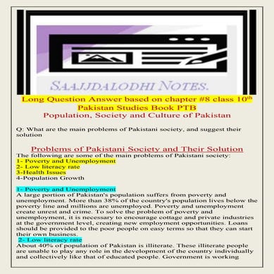 Long Question Answer based on chapter #8 class 10thPopulation, Society and Cu...