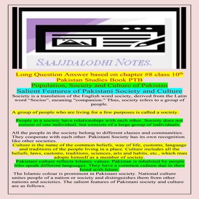 Long Question Answer based on chapter 8Salient Features of Pakistani Society ...