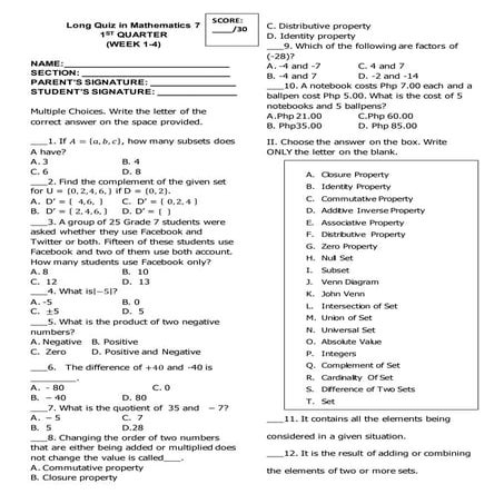 Long quiz in mathematics 7.first quarter