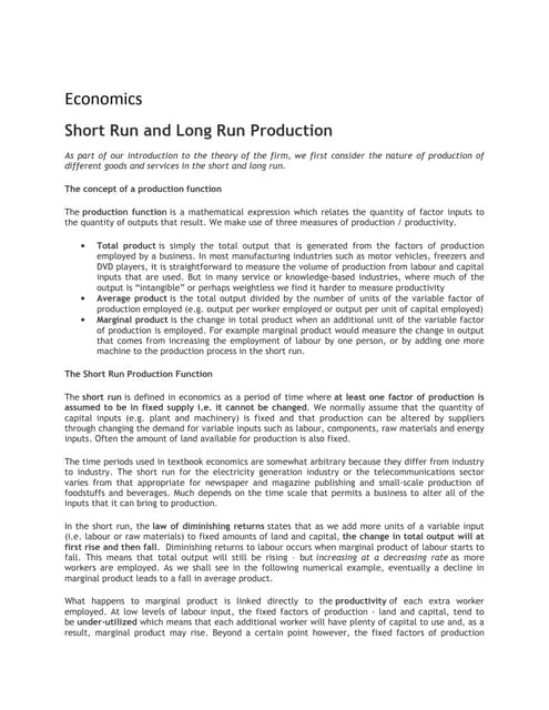 Economics - Long run & short run Production
