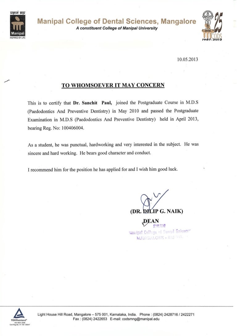 letter of recommendation from dean manipal college of dental student recommendation letter