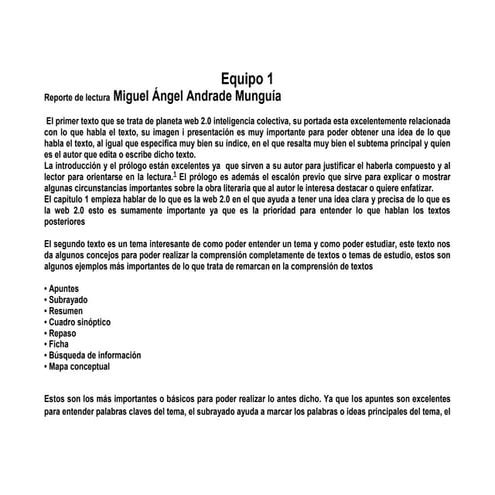 Los 4 reportes de lectura de todos los integrantes del esquipo numero 1 20122...