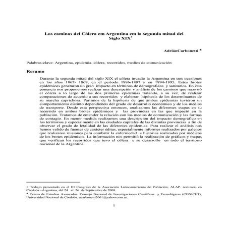 Los caminos del cólera en argentina siglo xix