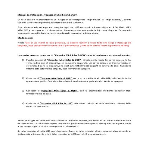 Lotech   manual del usuario - cargador mini - solar & usb