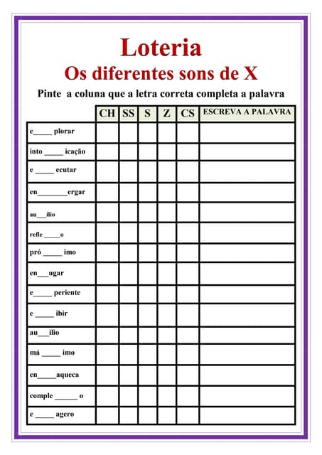 Caça-palavras - ortografia S, SS, X, C e Z | PDF