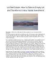 Lot Real Estate: How to Take an Empty Lot and Transform it