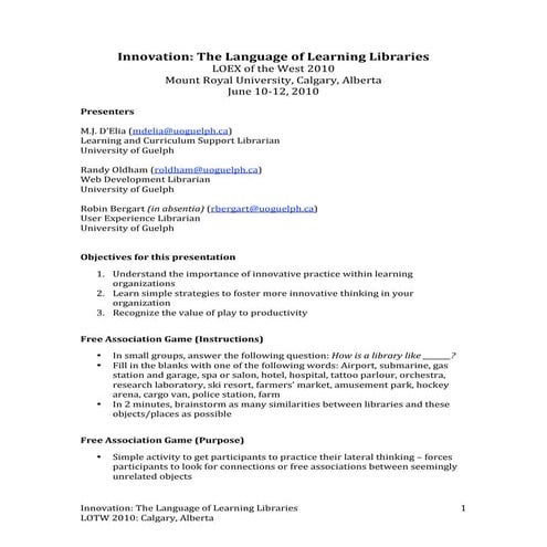 Innovation: The Language of Learning Libraries Notes