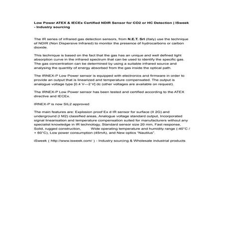 Low power atex &amp; iec ex certified ndir sensor for co2 or hc detection