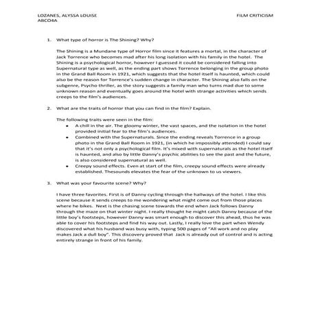 FILM APPRECIATION THE SHINING