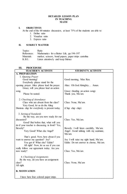 detailed lesson plan - ratio and proportion