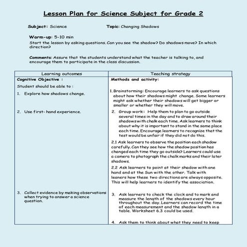 Science Learning Plan (Changing shadows)