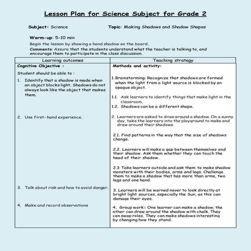 Science Learning Plan (Making shadows and Shadow shapes)