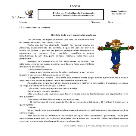 Português: sílabas e acentuação- Ficha de Trabalho