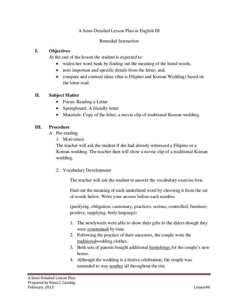 semi detailed lesson plan on reading letter detailed words