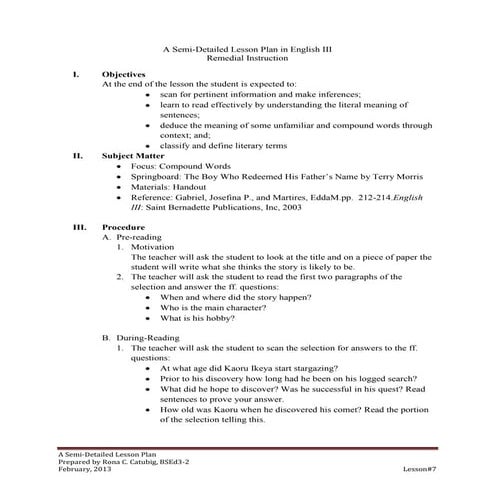 Semi-Detailed Lesson Plan on Compound Words and The Boy Who Redeemed His Fath...